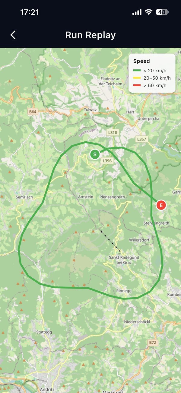 GPS-Trail-Replay Karte mit farbcodiertem Run nahe Graz, Österreich