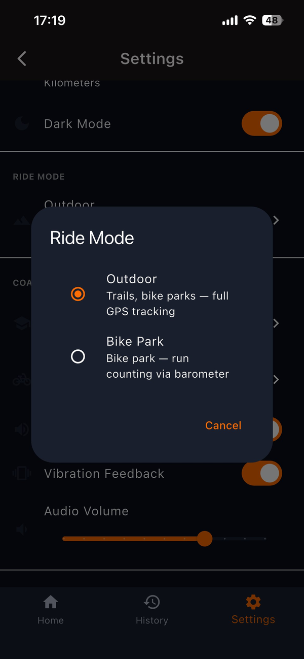 Modusauswahl: Outdoor oder Bikepark